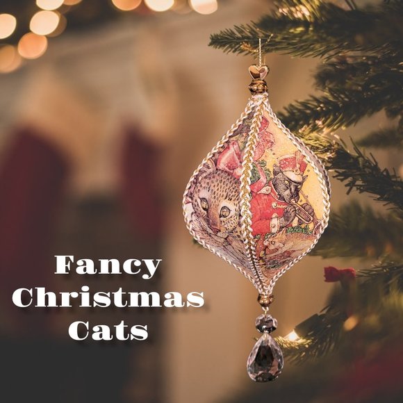 OOAK Upcycled Paper Ornament Fancy Christmas Cats Glitter Chandelier Crystal - Picture 1 of 12